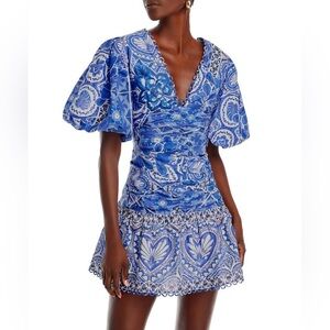Farm Rio Tile Dream Puff Sleeve Mini Dress Blue Lace Up Back Size S